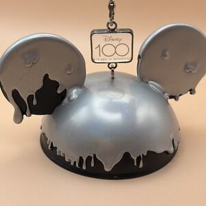 Disney 100 Years Silver Dipped Mickey Mouse Ears Ornament - NEW